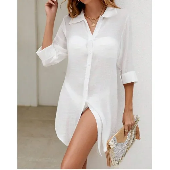 White Shirt Bathing Suit Cover Up - Picture 3 of 6